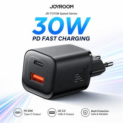 Joyroom JR-TCF08 Speed Series 30W Dual-Port Fast Charger – PD 30W & Samsung PPS 25W Wall Adapter with Multi-Protocol Support & Fireproof PC Shell